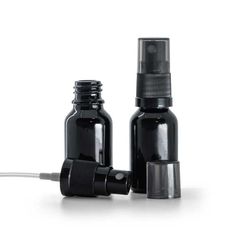 Flacone di vetro nero lucido, spruzzatore a nebulizzazione fine nero, sopra-tappo fumé, 15 ml