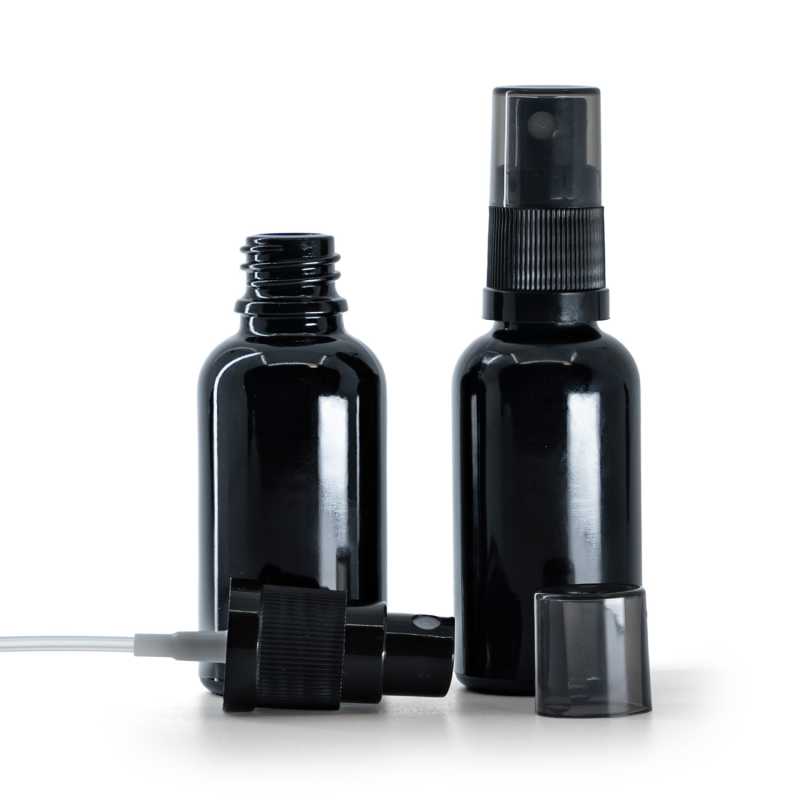 Flacone di vetro nero lucido, spruzzatore nero a nebulizzazione fine, sopra-tappo fumé, 30 ml