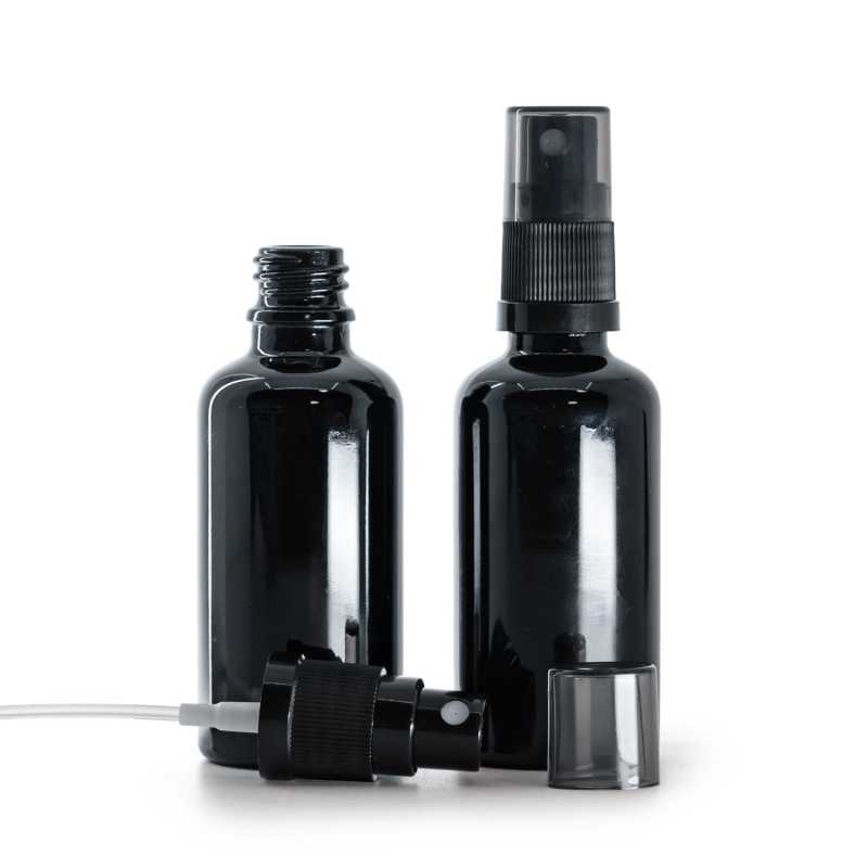 Flacone di vetro nero lucido, spruzzatore nero a nebulizzazione fine, sopra-tappo fumé, 50 ml