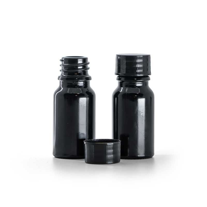 Flacone in vetro, nero lucido, tappo nero, 10 ml