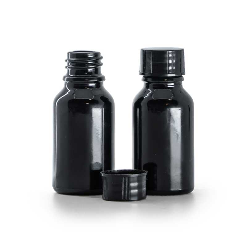 Flacone in vetro, nero lucido, tappo nero, 15 ml