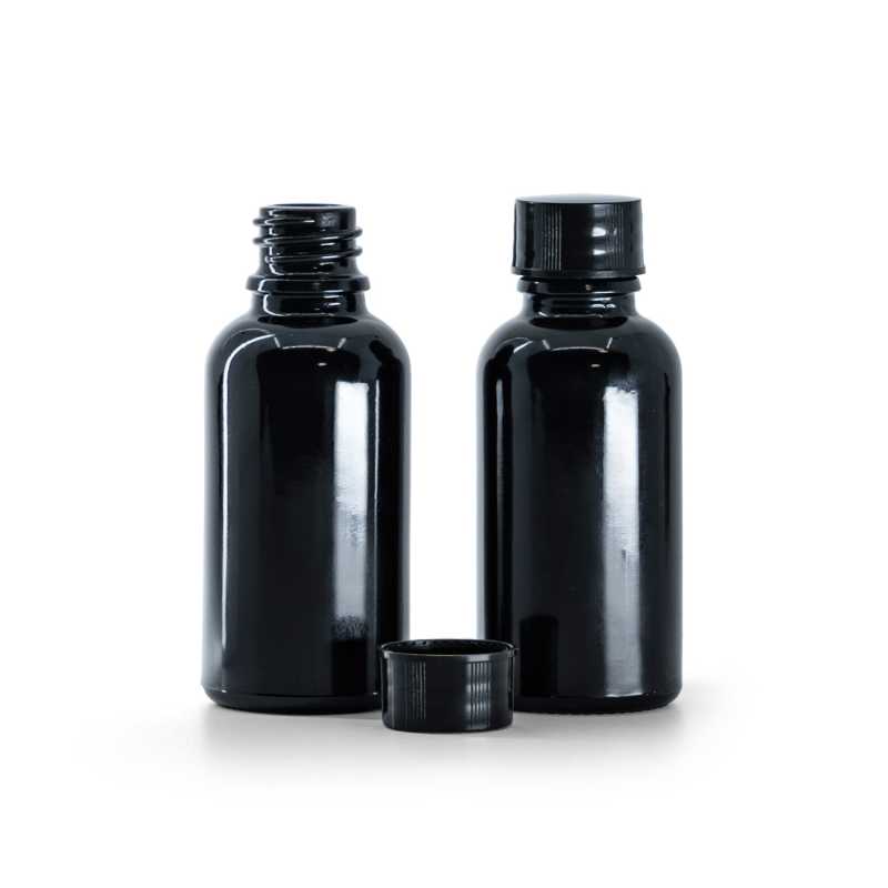 Bottiglia in vetro, nera lucida, tappo nero, 30 ml