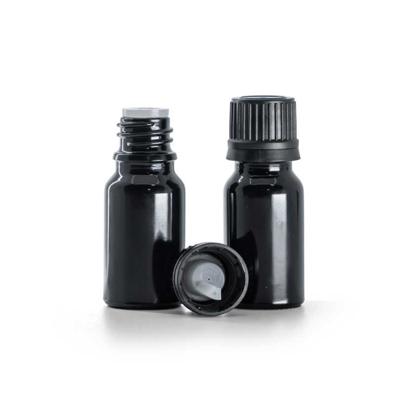 Flacone di vetro nero lucido, tappo nero con contagocce interno, 10 ml