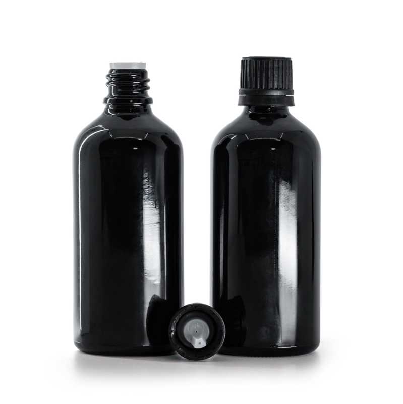 Flacone di vetro nero lucido, tappo nero con contagocce, 100 ml