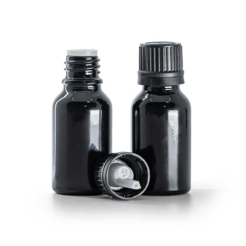 Flacone di vetro nero lucido, tappo nero con contagocce interno, 15 ml