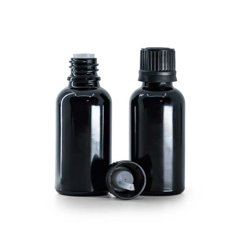 Flaconcino di vetro nero lucido, tappo nero con contagocce, 30 ml