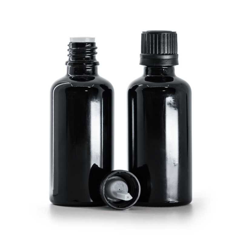 Flacone di vetro nero lucido, tappo nero con contagocce, 50 ml