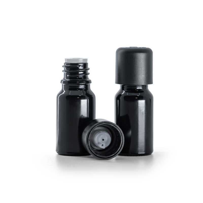 Flacone in vetro, nero lucido, tappo di sicurezza antimanomissione con contagocce, 10 ml