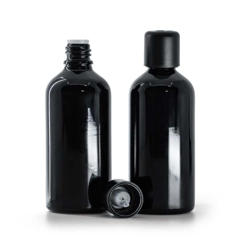 Flacone in vetro, nero, tappo di sicurezza antimanomissione con contagocce, 100 ml
