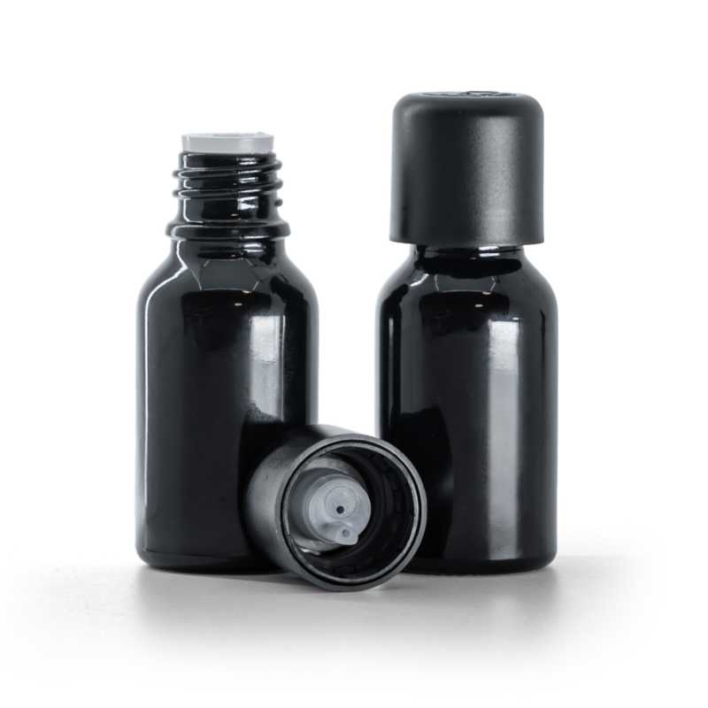 Bottiglia in vetro, nero lucido, tappo di sicurezza antimanomissione con contagocce, 15 ml
