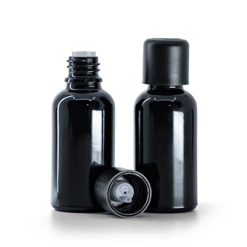 Flacone in vetro, nero lucido, tappo di sicurezza antimanomissione con contagocce, 30 ml