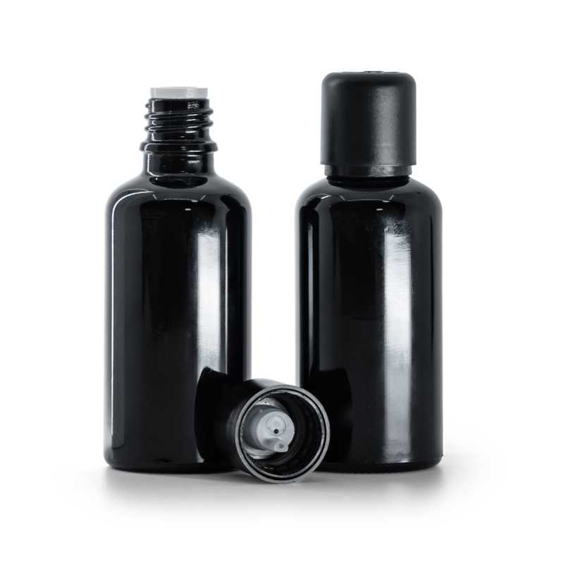 Flacone in vetro, nero lucido, tappo di sicurezza antimanomissione con contagocce, 50 ml