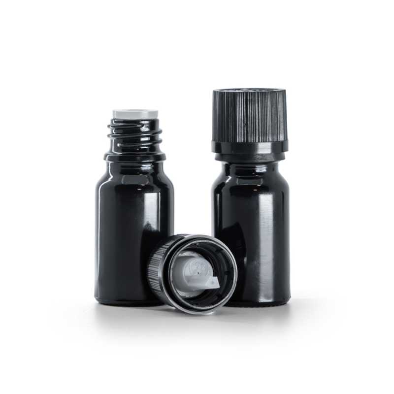 Bottiglia in vetro, nero lucido, tappo di sicurezza antimanomissione zigrinato, 10 ml
