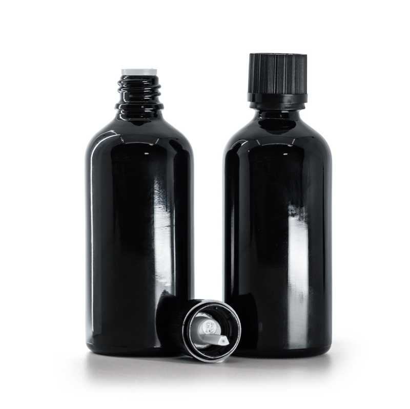 Bottiglia in vetro, nero lucido, tappo di sicurezza nero con contagocce, 100 ml