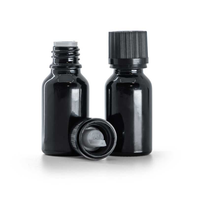 Flacone in vetro, nero lucido, tappo di sicurezza nero con contagocce, 15 ml