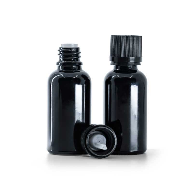 Bottiglia in vetro, nera lucida, tappo di sicurezza nero con contagocce, 30 ml