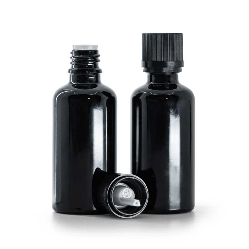 Flacone in vetro, nero lucido, tappo di sicurezza nero con contagocce, 50 ml