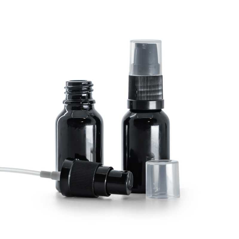 Flacone in vetro, nero lucido, dosatore lozione, 15 ml