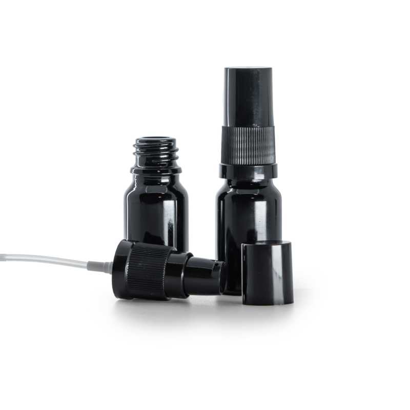 Flacone in vetro, nero lucido, dosatore lozione con sovratappo nero, 10 ml
