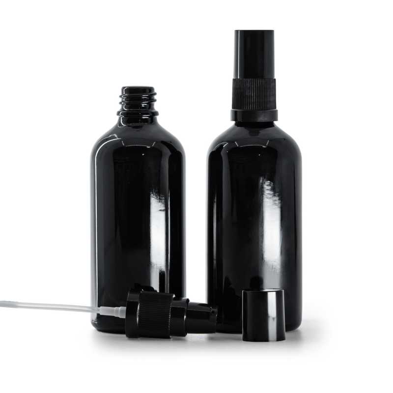 Flacone in vetro, nero lucido, dispenser lozione, tappo nero, 100 ml