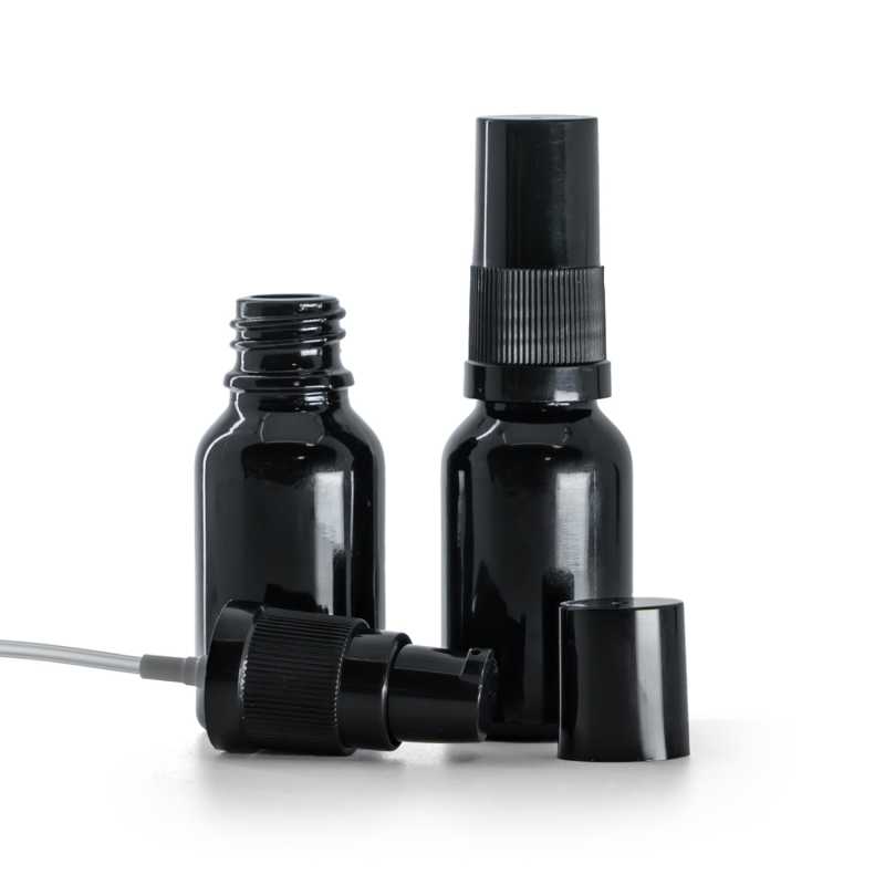 Flacone in vetro, nero lucido, pompa lozione con tappo nero, 15 ml