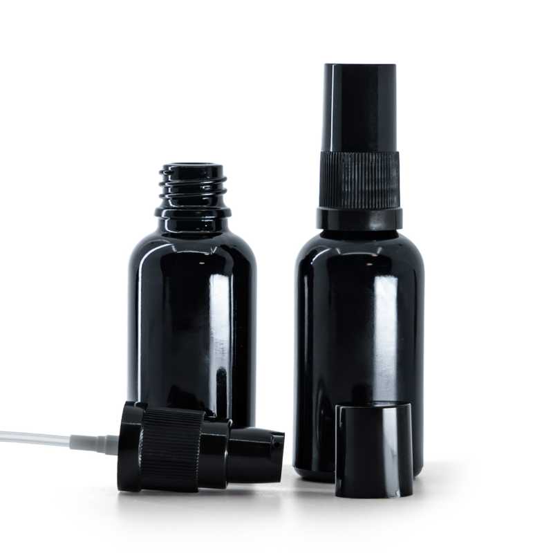 Flacone in vetro, nero lucido, dosatore lozione, 30 ml