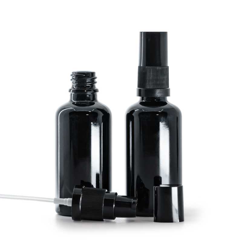 Flacone in vetro, nero lucido, dosatore per lozione con sovratappo nero, 50 ml