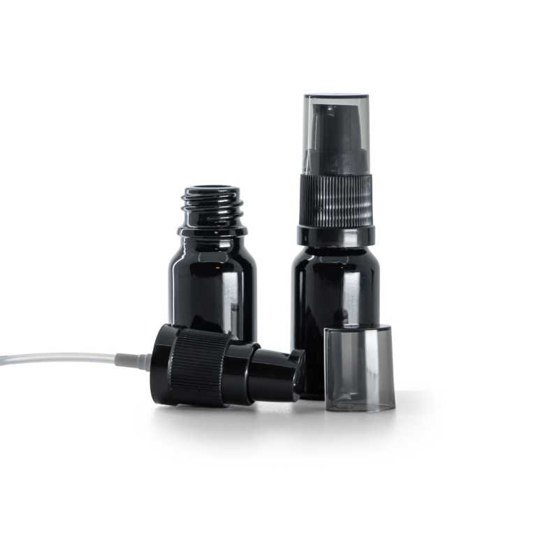 Flacone di vetro nero lucido, dosatore di crema con sopra-tappo fumé, 10 ml