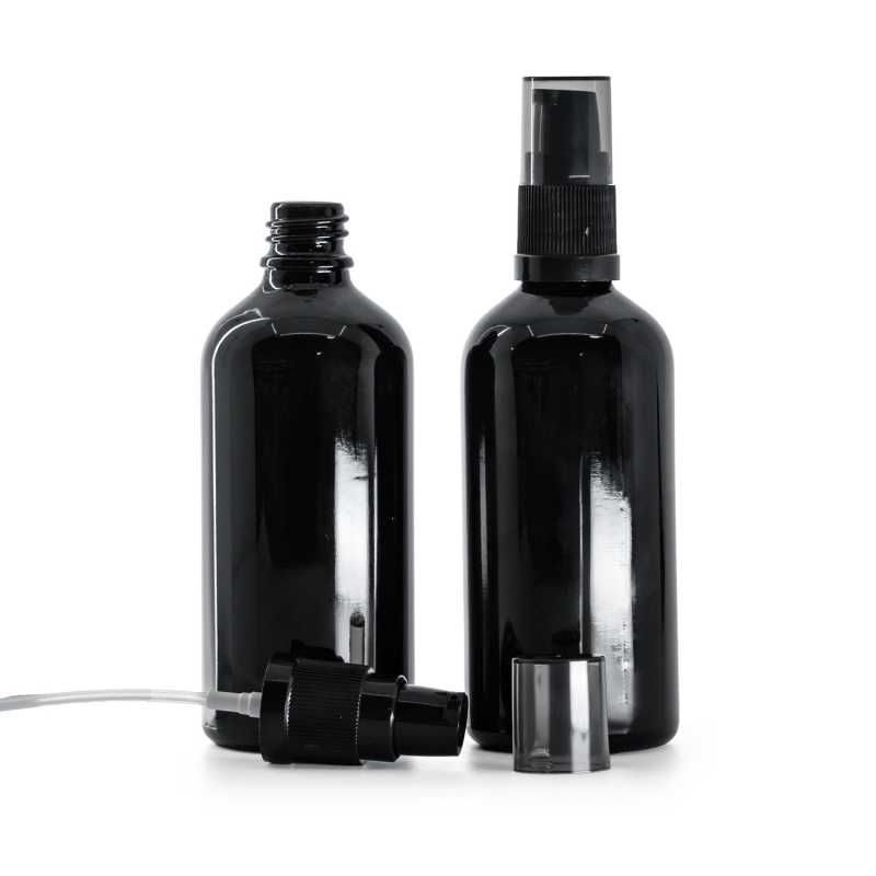 Flacone di vetro nero lucido, pompa lozione con sopra-tappo fumé, 100 ml