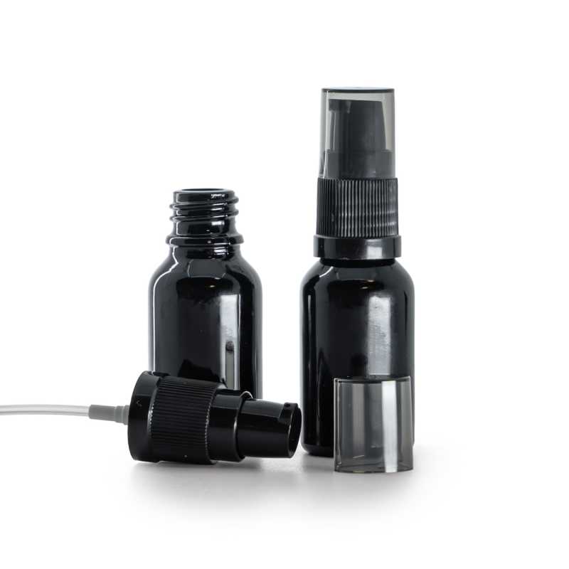 Flacone di vetro nero lucido, dosatore di crema con sopra-tappo fumé, 15 ml
