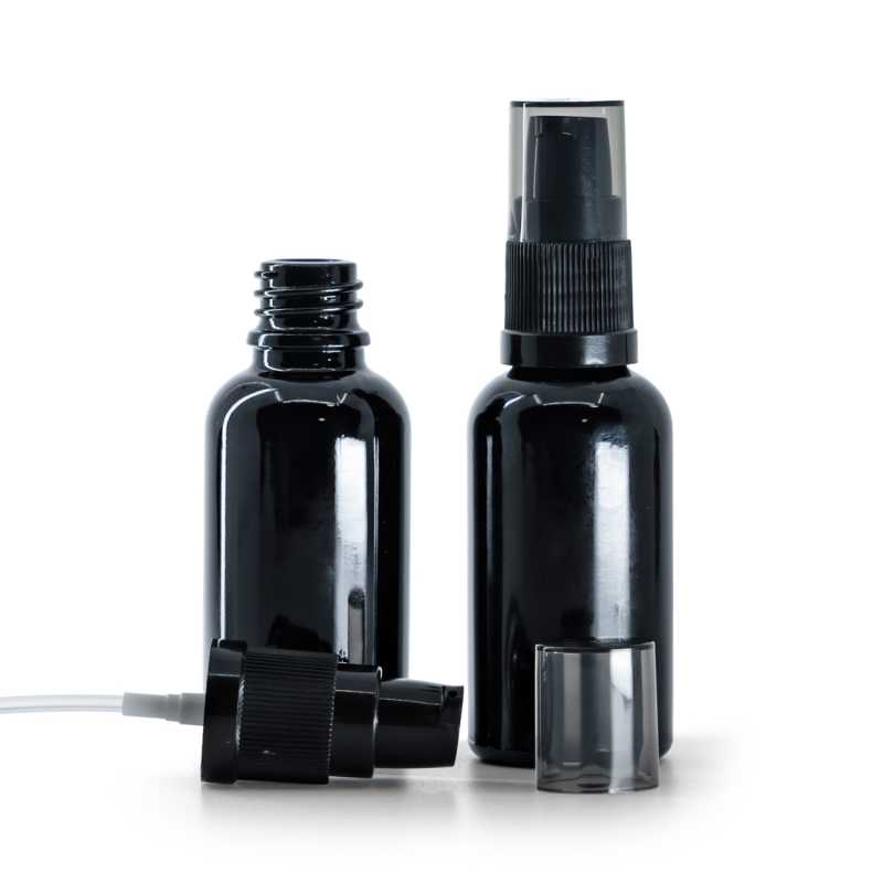 Flacone di vetro nero lucido, dosatore di crema con sopra-tappo fumé, 30 ml