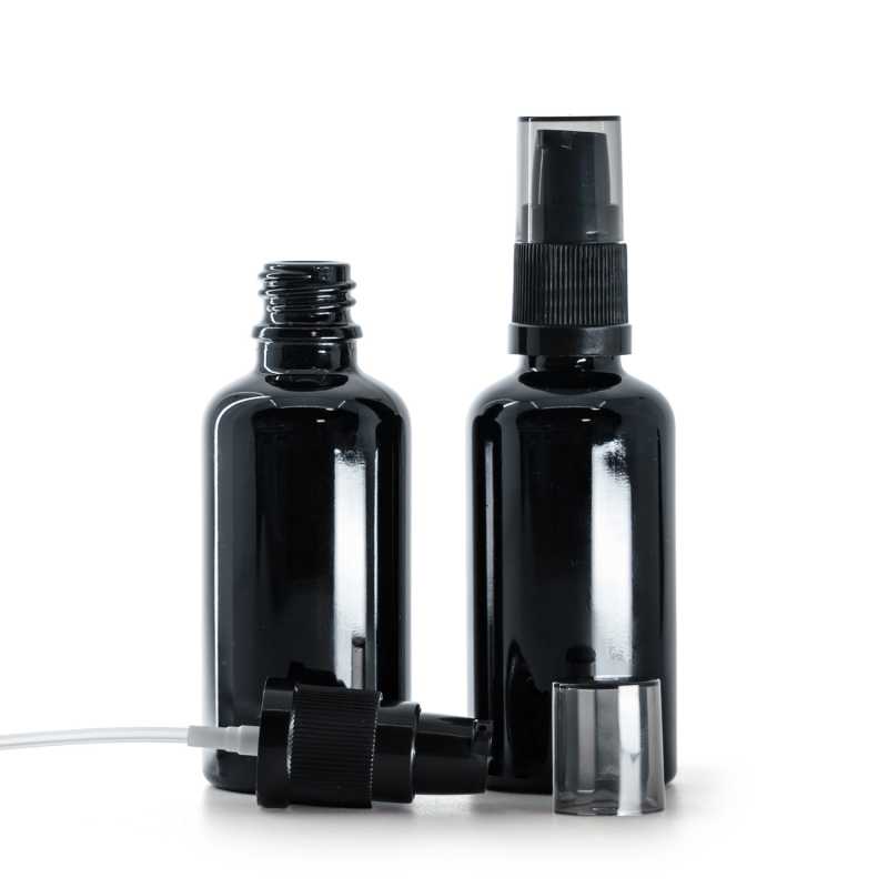 Flacone di vetro nero lucido, pompa lozione con sopra-tappo fumé, 50 ml