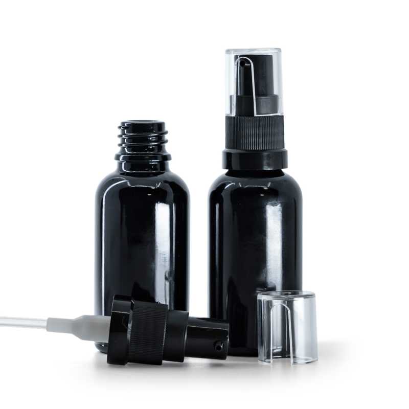 Flacone in vetro, nero lucido, pompa per olio, 30 ml