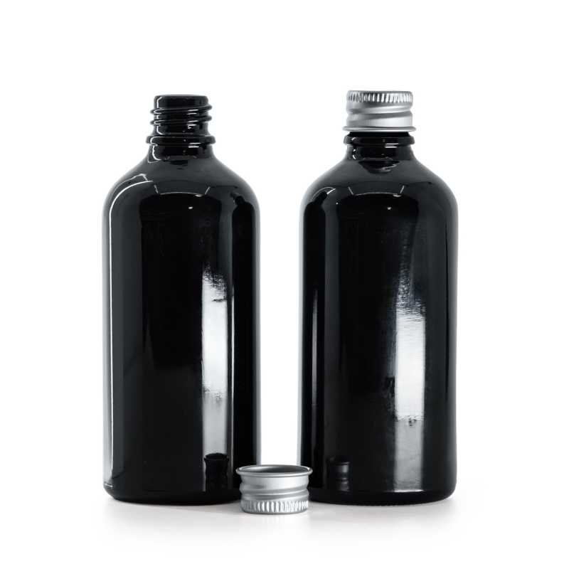 Flacone in vetro, nero lucido, tappo in alluminio, 100 ml