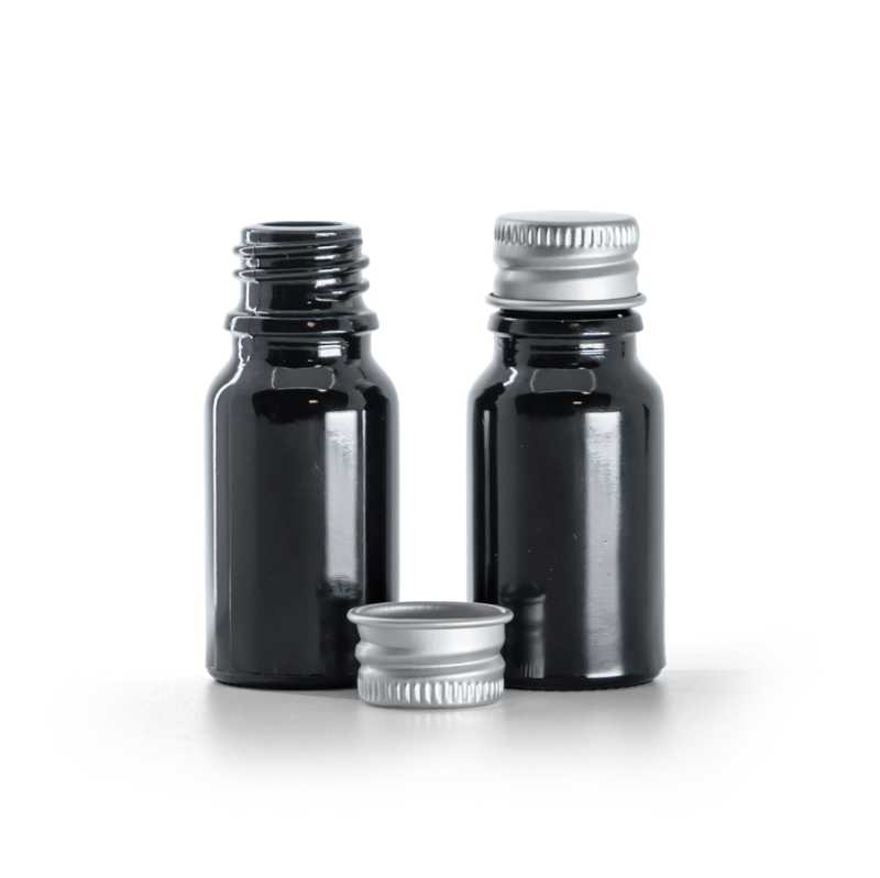 Flacone, vetro, nero lucido, 10 ml, tappo in alluminio, argento