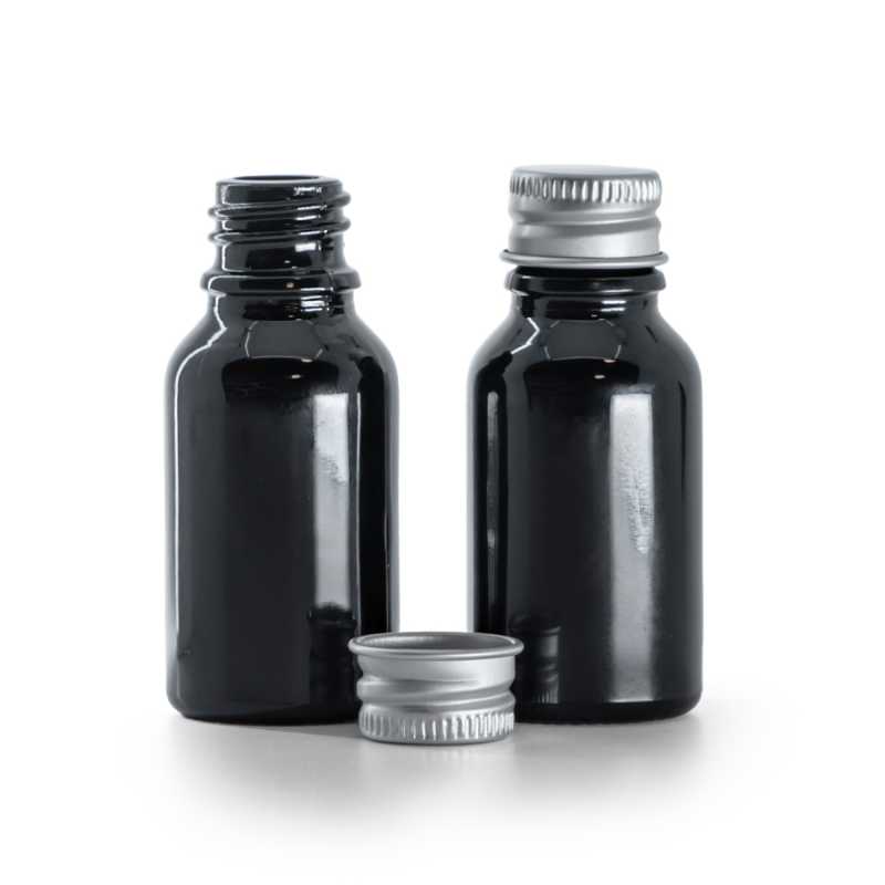 Flacone, vetro, nero lucido, tappo in alluminio, 15 ml