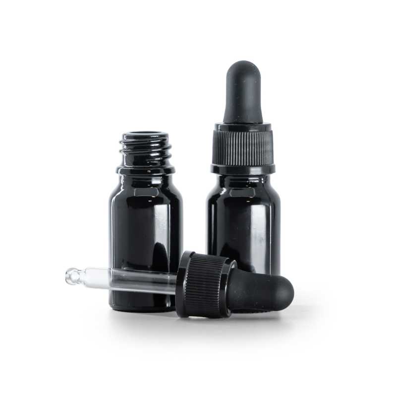 Bottiglia in vetro, nero lucido, contagocce nero opaco, 10 ml