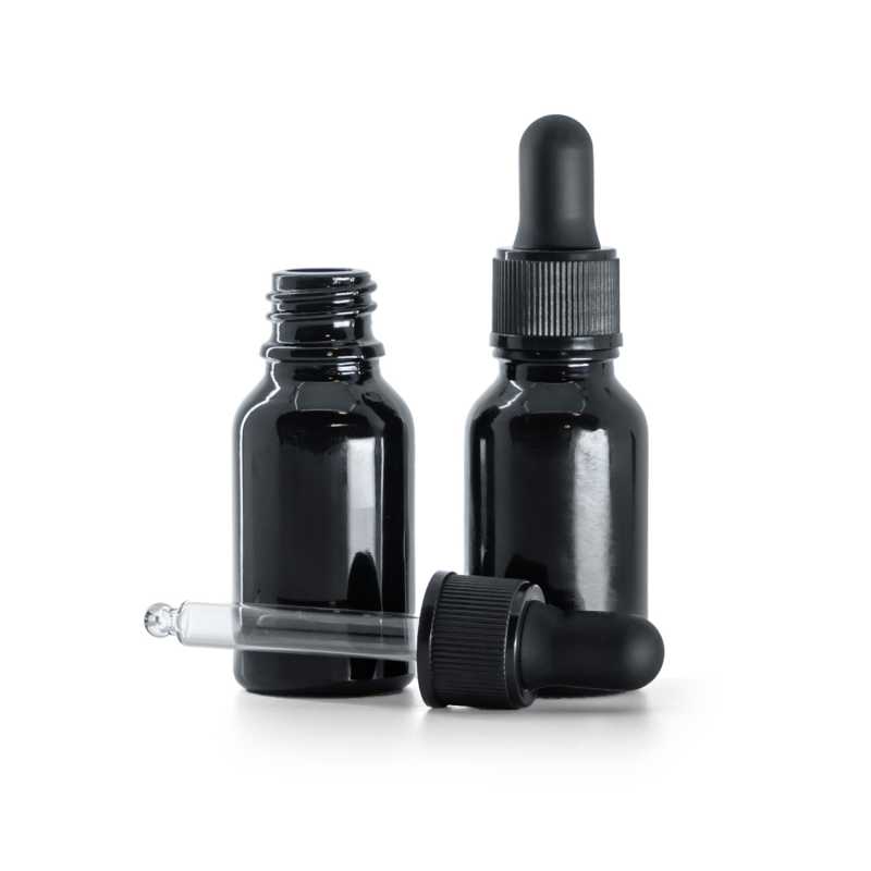 Flacone in vetro, nero lucido, contagocce nero opaco, 15 ml
