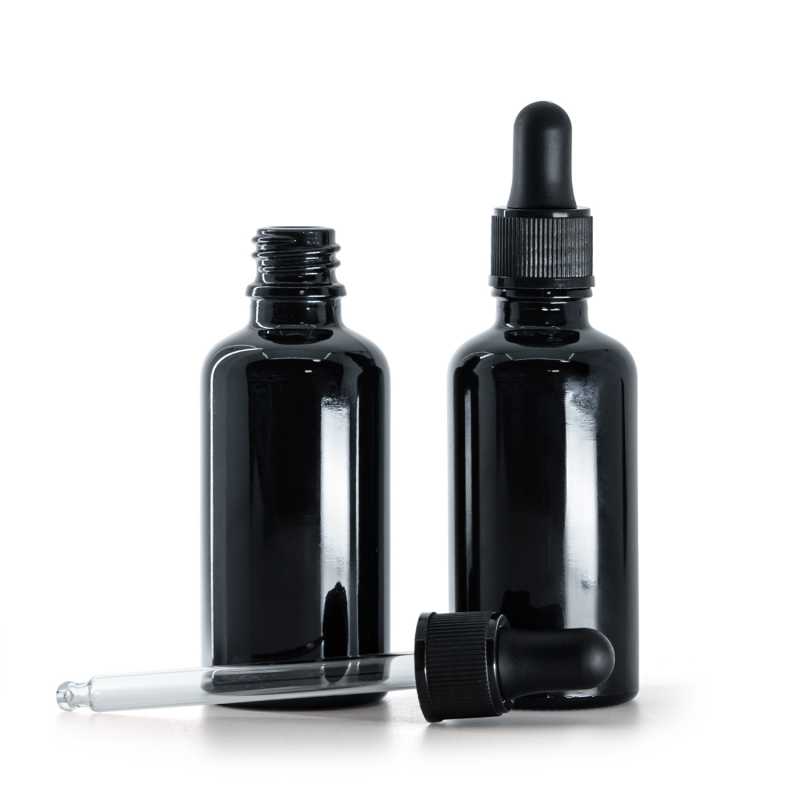 Bottiglia in vetro, nera, contagocce nero opaco, 50 ml