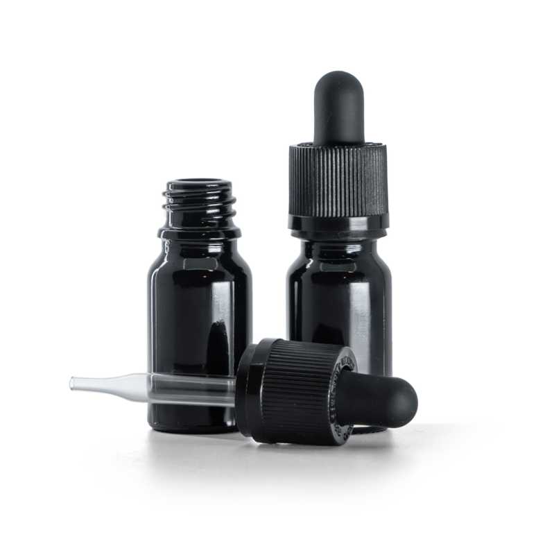 Flacone in vetro, nero lucido, contagocce di sicurezza antimanomissione, 10 ml