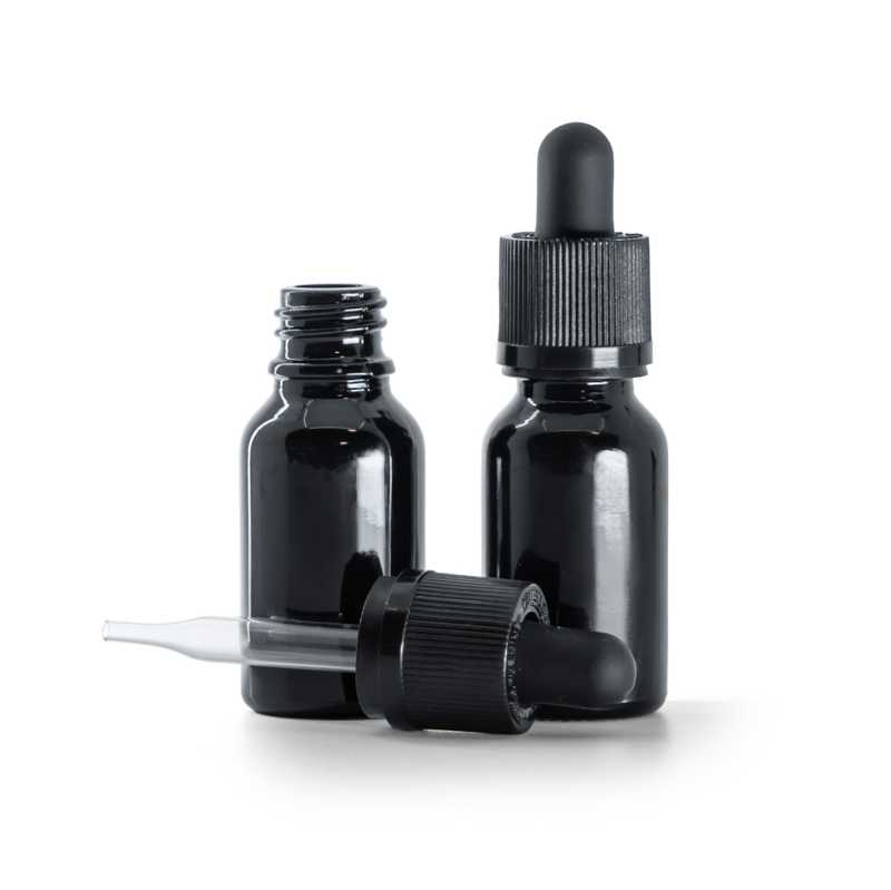 Flacone in vetro, nero lucido, contagocce con tappo di sicurezza, 15 ml