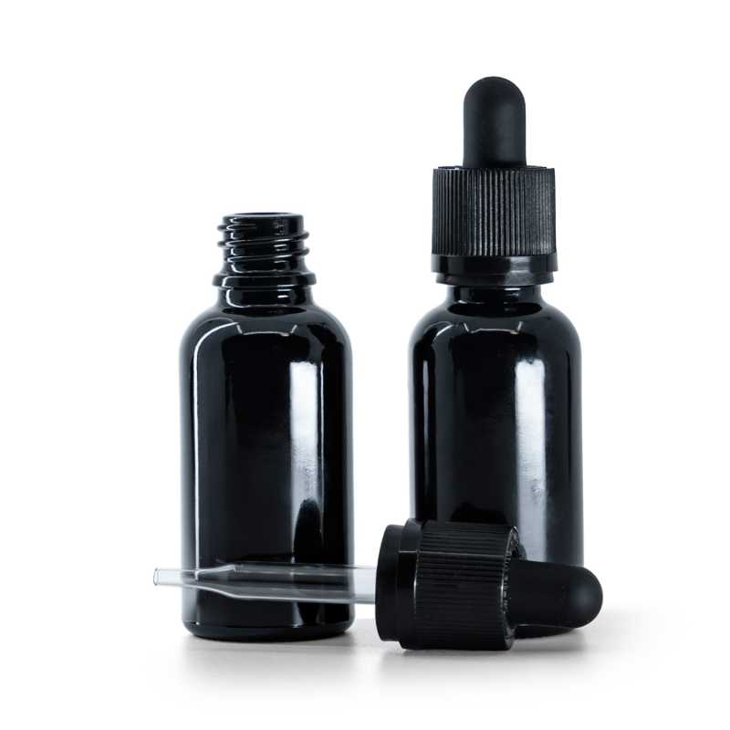Flacone in vetro, nero lucido, contagocce di sicurezza antimanomissione, 30 ml