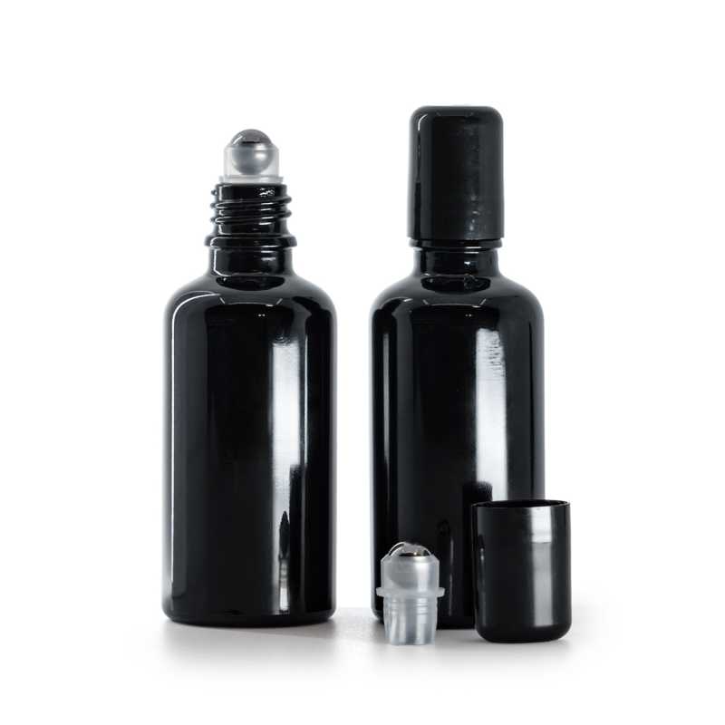 Flacone in vetro, nero lucido, roll-on, 50 ml