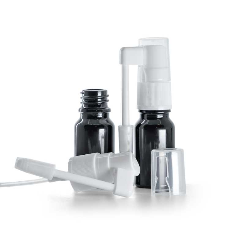Flacone in vetro, nero lucido, spruzzatore orale, 10 ml