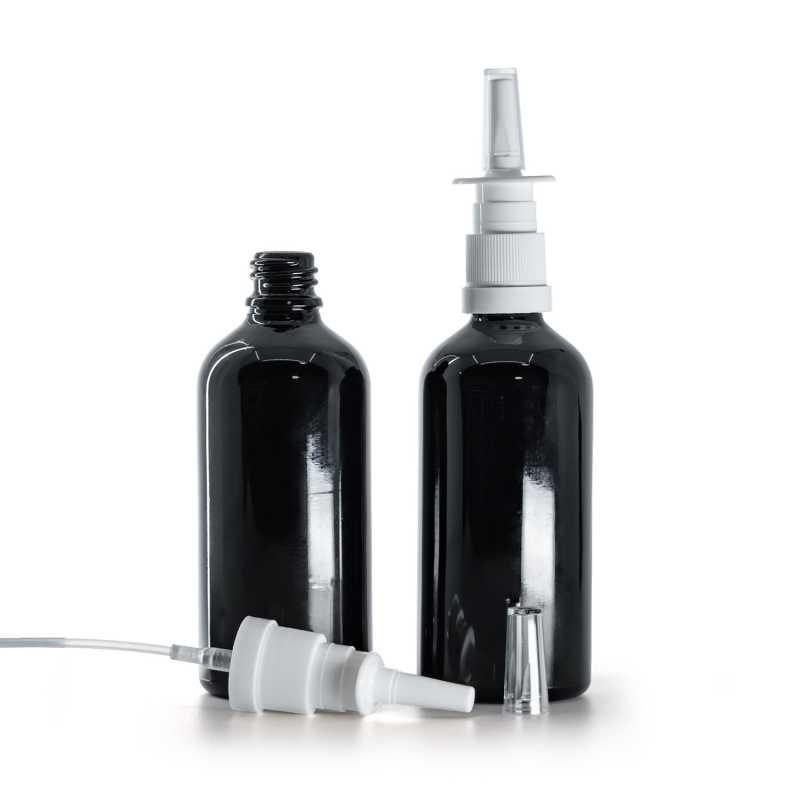 Bottiglia in vetro, nera lucida, spruzzatore nasale, 100 ml