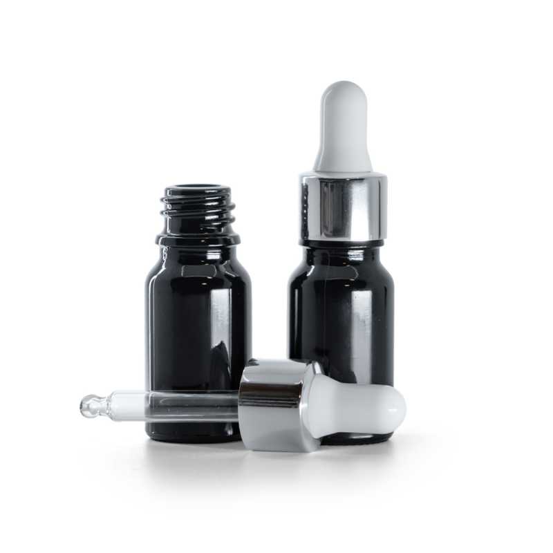 Flacone in vetro, nero lucido, contagocce argento lucido, 10 ml