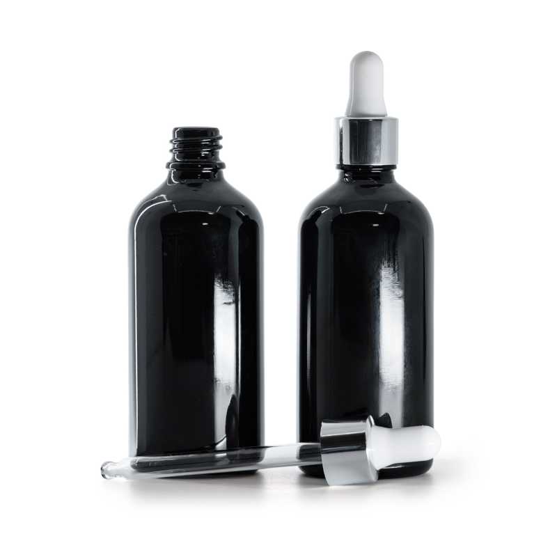 Flacone in vetro, nero lucido, contagocce argento lucido, 100 ml