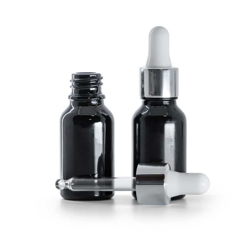 Flacone in vetro, nero lucido, contagocce argento lucido, 15 ml