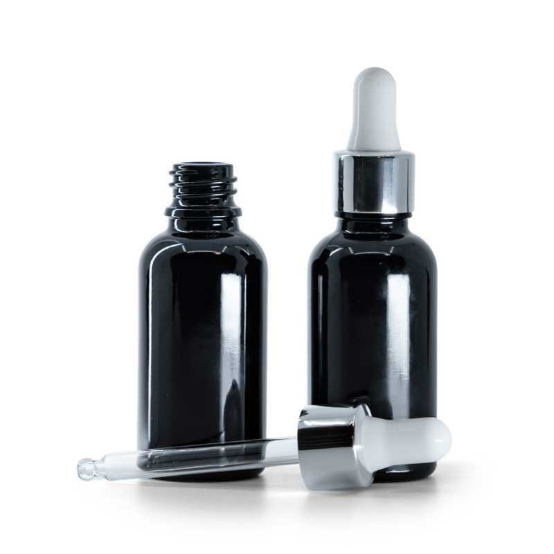 Flacone in vetro, nero lucido, contagocce argento lucido, 30 ml