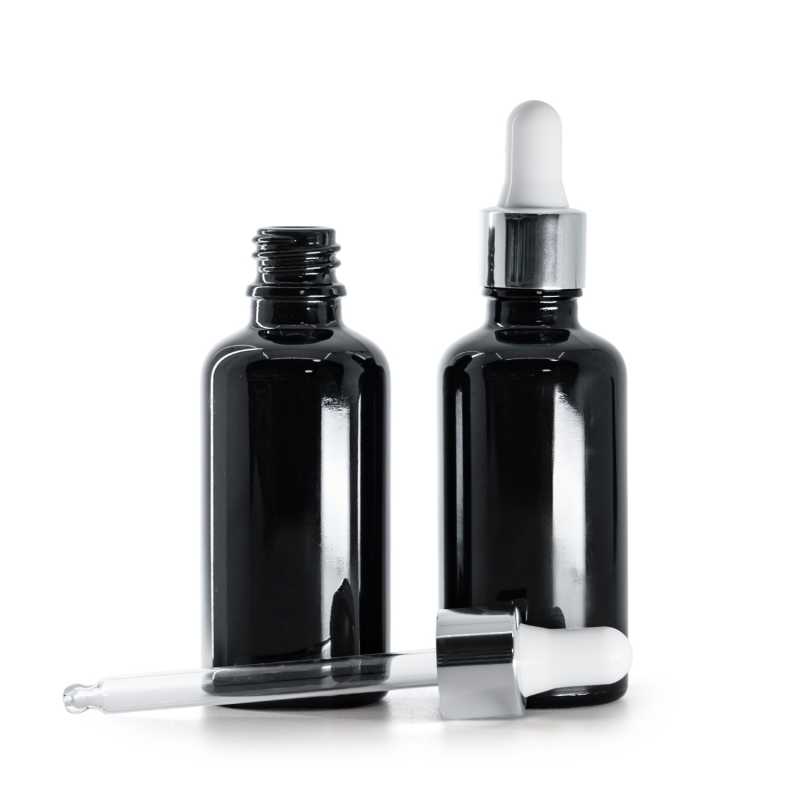 Flacone in vetro, nero lucido, contagocce argento lucido, 50 ml
